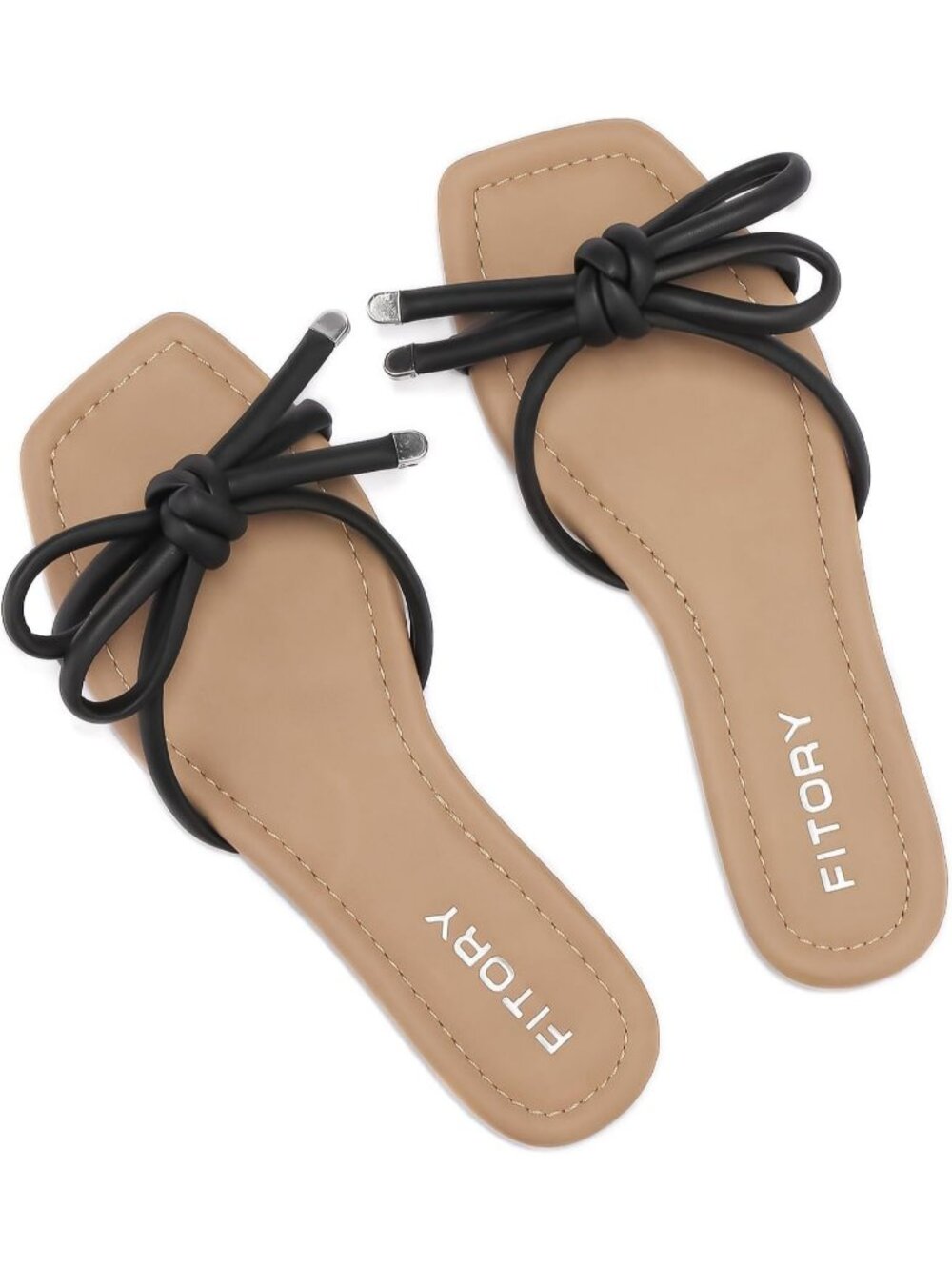 Women's Black Summer Square Open Toe Slide Thong with Cute Knot Flat Sandals